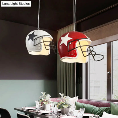 Industrial Soccer Helmet Pendant Light in Red/White for Restaurants