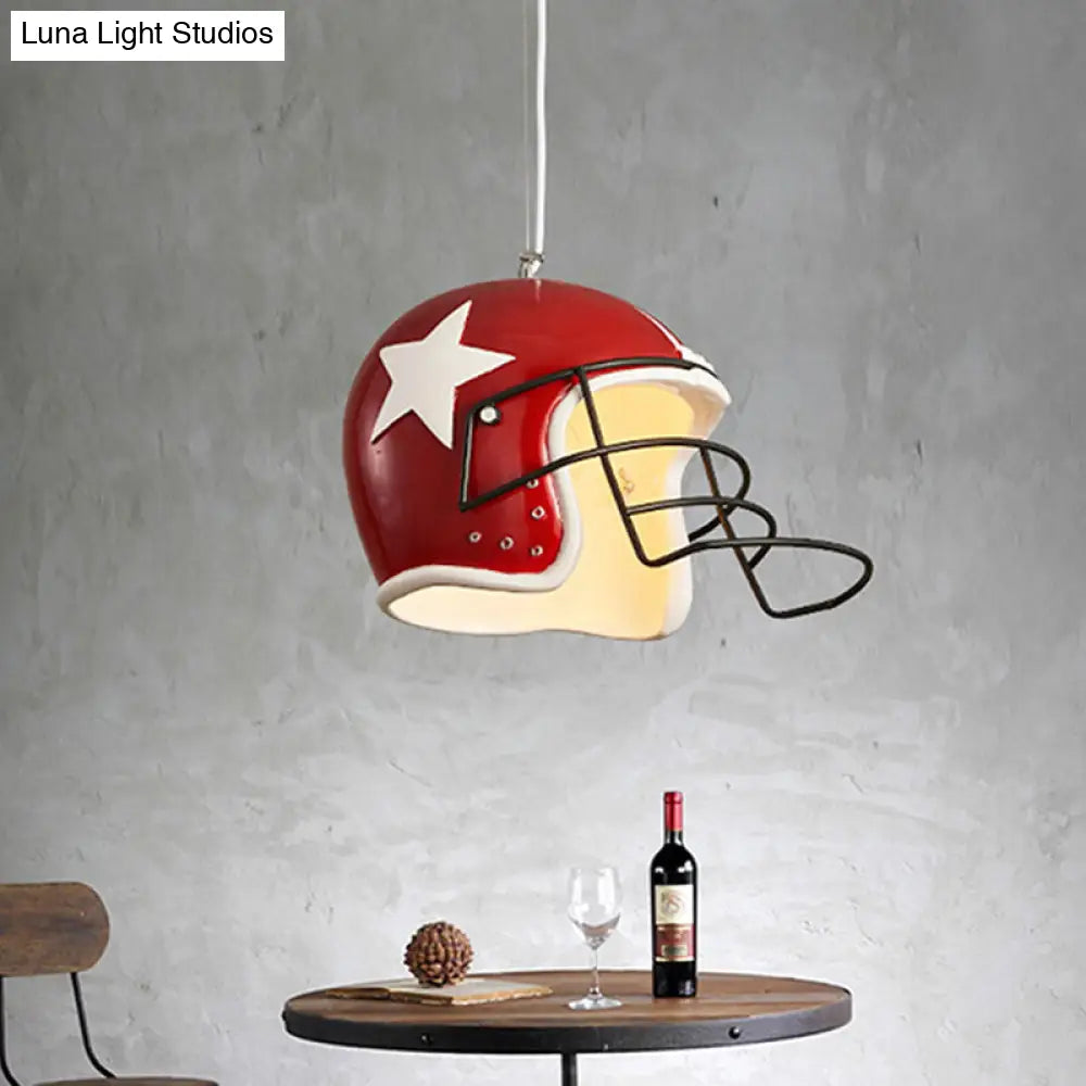 Industrial Soccer Helmet Pendant Light in Red/White for Restaurants