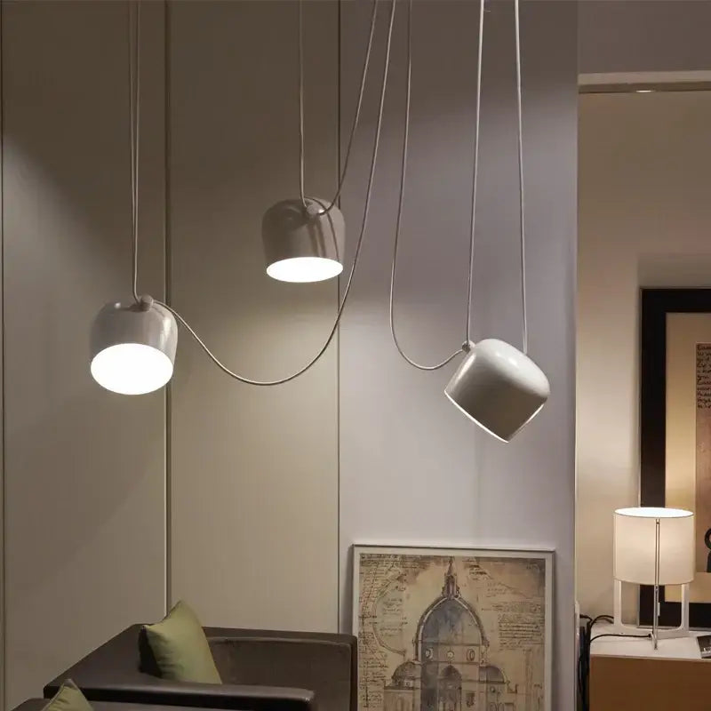 Modern white pendant lamp with curved metal cords and cylindrical shades for decorbites industrial spider pendant lighting