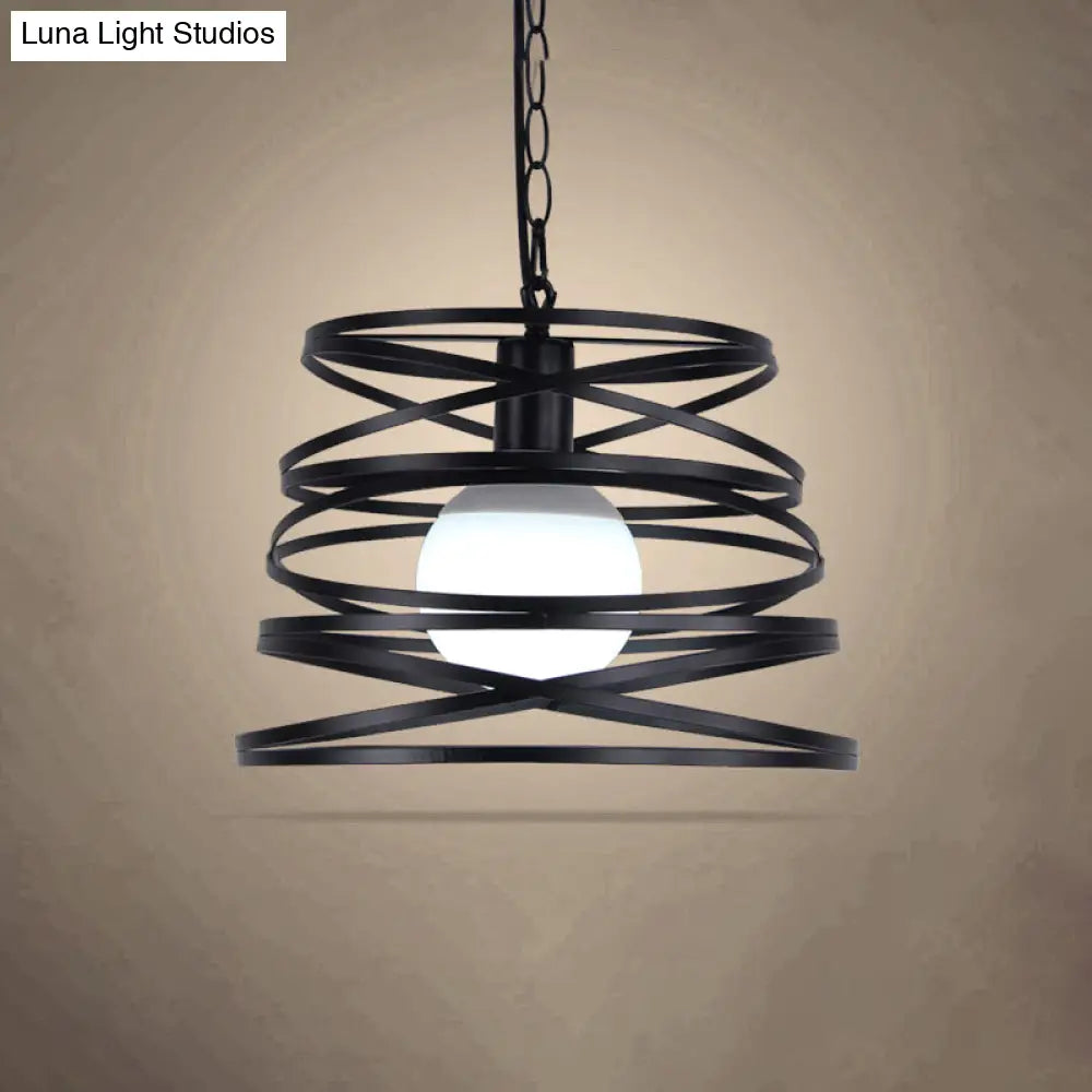 Industrial Spiral Hanging Light with Wire Guard and Chain - Black/White