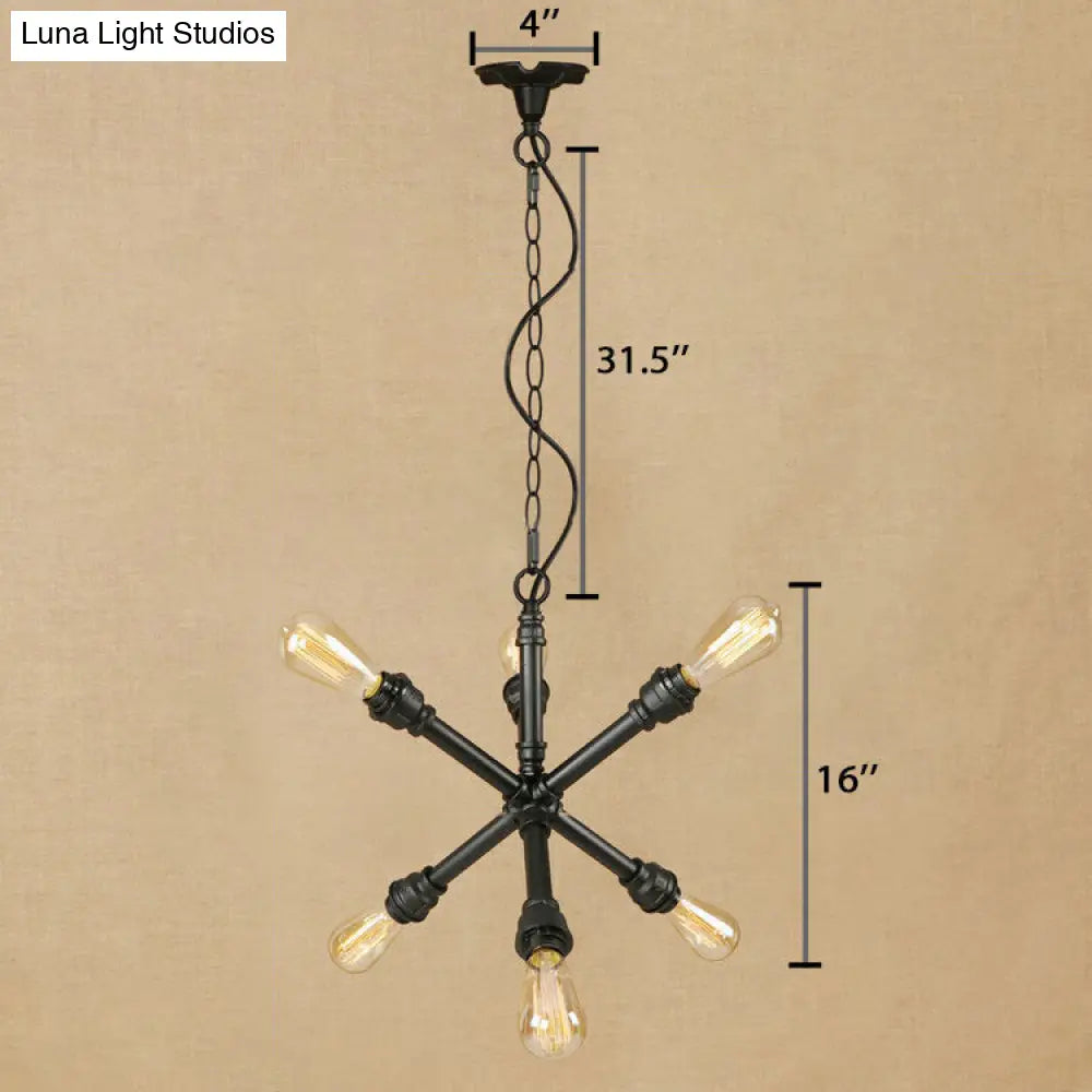 Industrial Sputnik Pendant Chandelier in Black with 6-Light & Water Pipe Detail