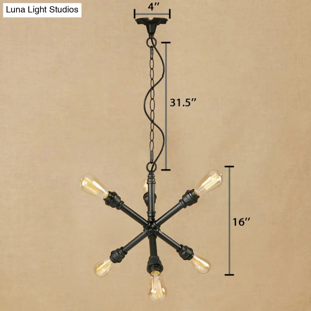 Industrial Sputnik Pendant Chandelier in Black with 6-Light & Water Pipe Detail