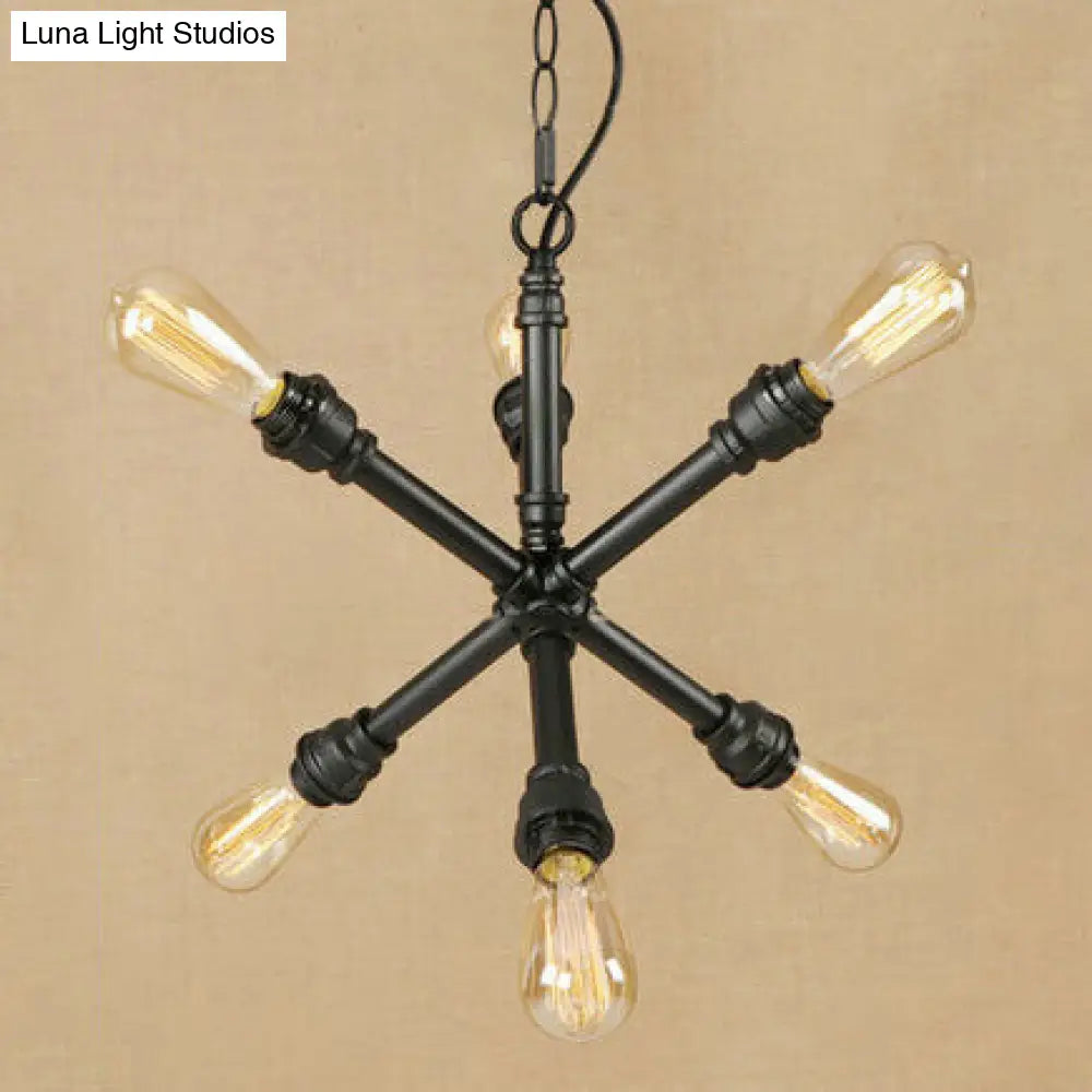 Industrial Sputnik Pendant Chandelier in Black with 6-Light & Water Pipe Detail