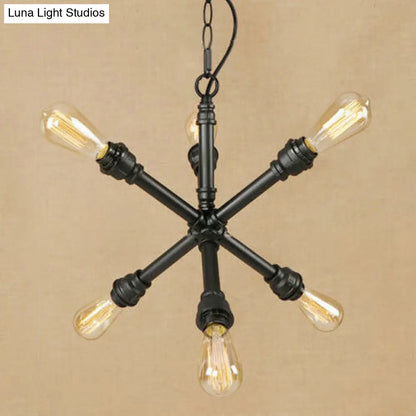 Industrial Sputnik Pendant Chandelier in Black with 6-Light & Water Pipe Detail