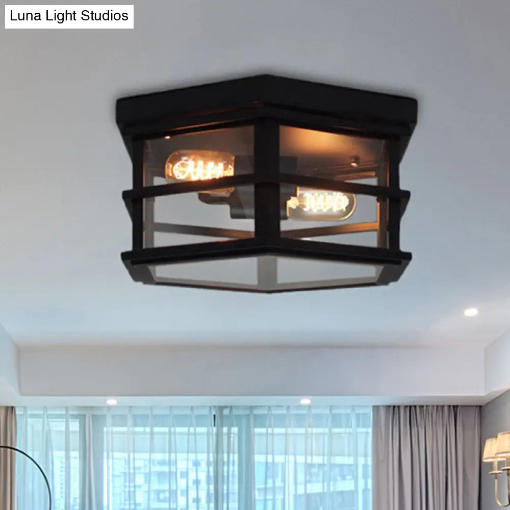 DecorBites™ DecorBites™ Industrial Square/Hexagon Cage Glass Ceiling Light with 2/4 Bulbs, Clear/Black Flush Mount Lighting