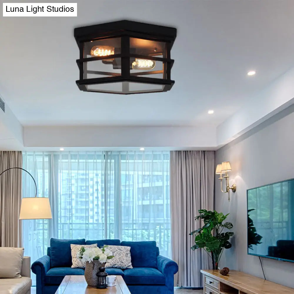 DecorBites™ DecorBites™ Industrial Square/Hexagon Cage Glass Ceiling Light with 2/4 Bulbs, Clear/Black Flush Mount Lighting