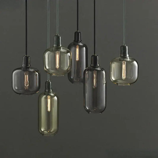 Set of six decorbites industrial stained glass pendant lights with smoked and frosted glass for dining room decor