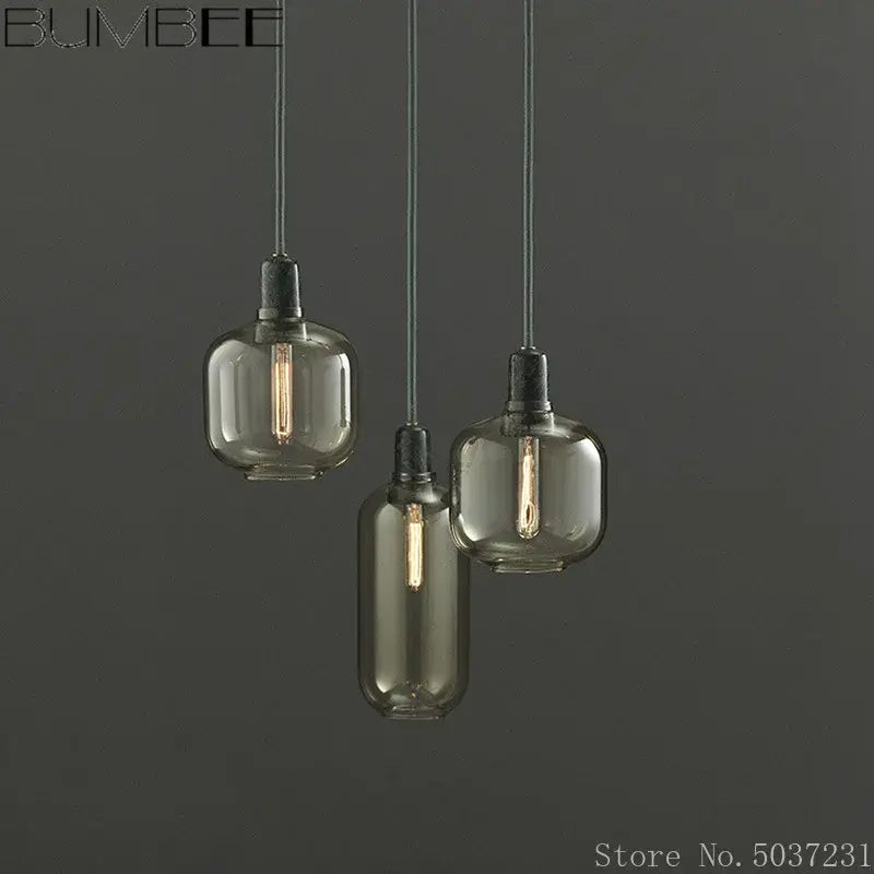 Three industrial stained glass pendant lights with smoked glass and exposed filament bulbs for dining room decorbites industrial stained