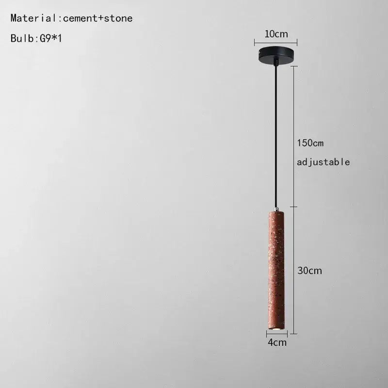 Minimalist industrial stone led pendant lamp with cylindrical textured cement body in warm brown tones for kitchen decorbites