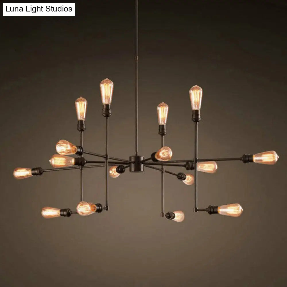 Industrial Style 4-Sided Chandelier – 16 Bulbs, Black Metal - Ideal for Living Room Ceiling