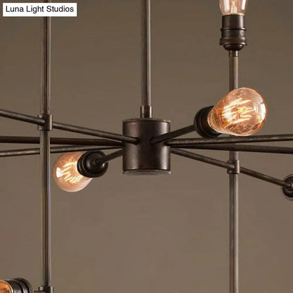 Industrial Style 4-Sided Chandelier – 16 Bulbs, Black Metal - Ideal for Living Room Ceiling