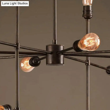 Industrial Style 4-Sided Chandelier – 16 Bulbs, Black Metal - Ideal for Living Room Ceiling