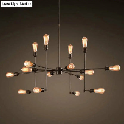 Industrial Style 4-Sided Chandelier – 16 Bulbs, Black Metal - Ideal for Living Room Ceiling