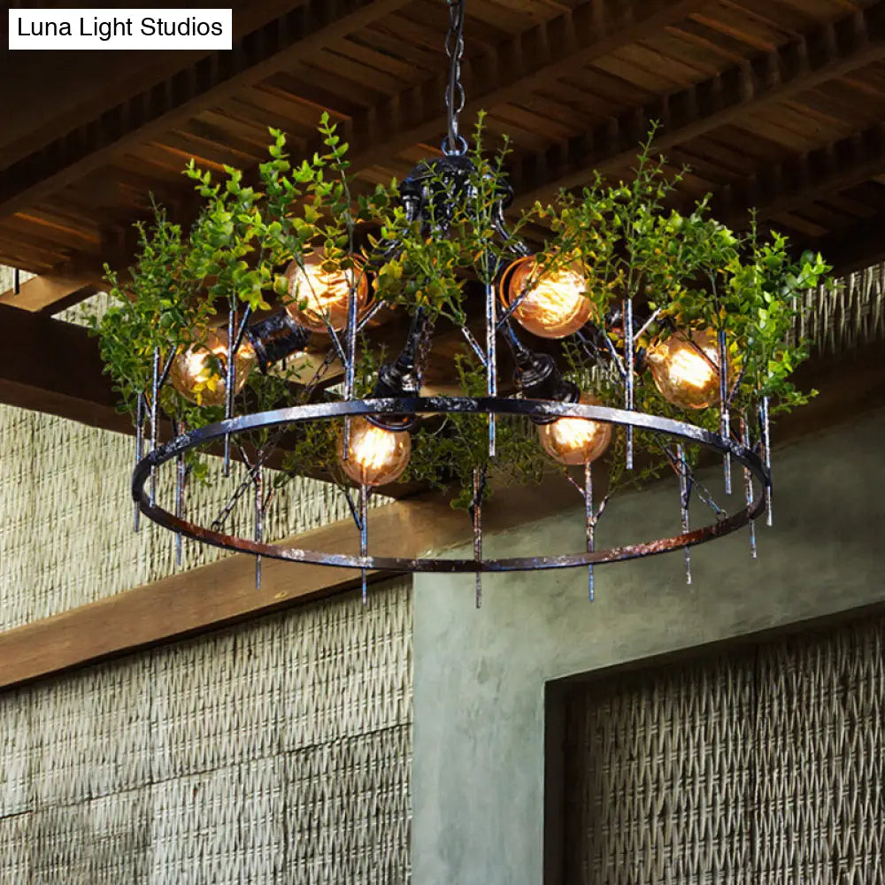 Industrial Style 6-Light Nickel Chandelier with Circular Iron Frame and Plant Design