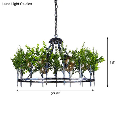 Industrial Style 6-Light Nickel Chandelier with Circular Iron Frame and Plant Design