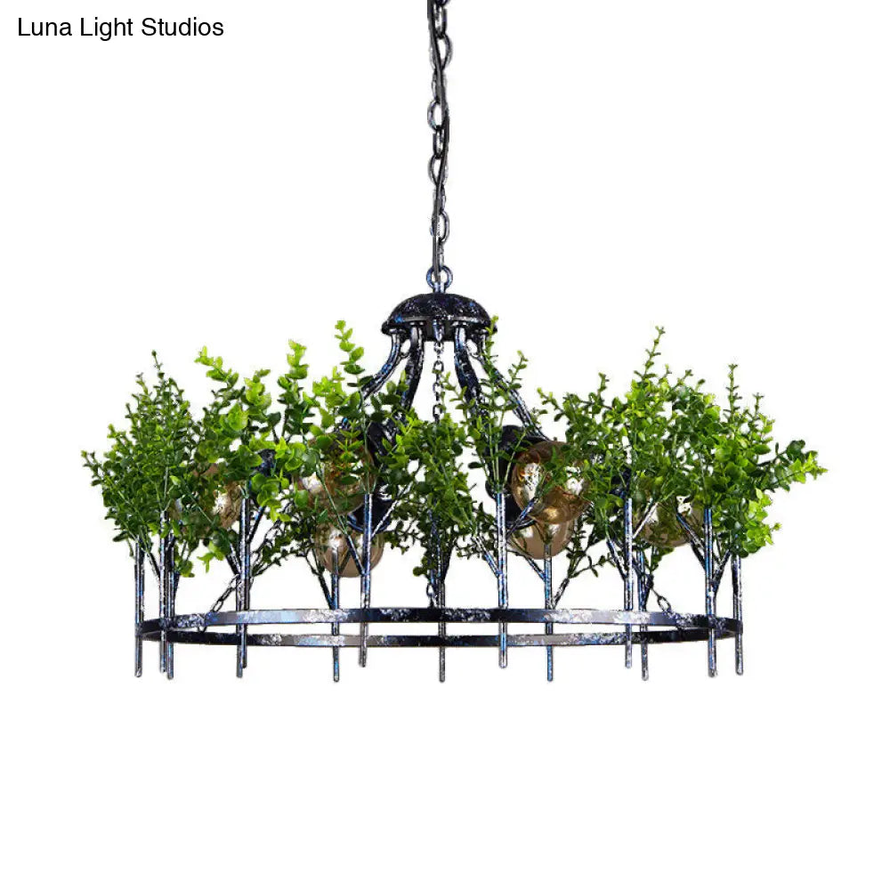 Industrial Style 6-Light Nickel Chandelier with Circular Iron Frame and Plant Design