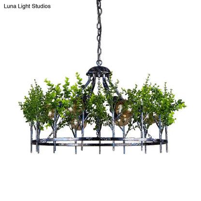 Industrial Style 6-Light Nickel Chandelier with Circular Iron Frame and Plant Design
