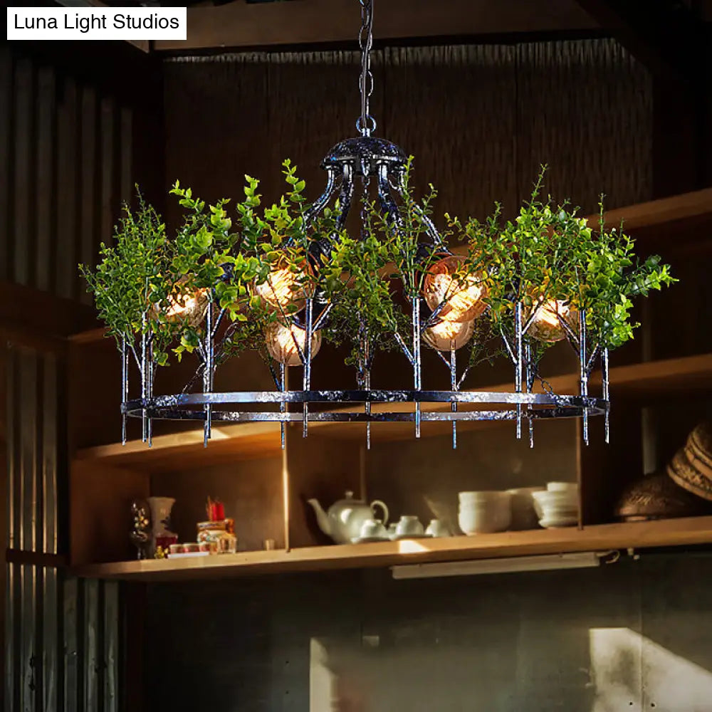 Industrial Style 6-Light Nickel Chandelier with Circular Iron Frame and Plant Design