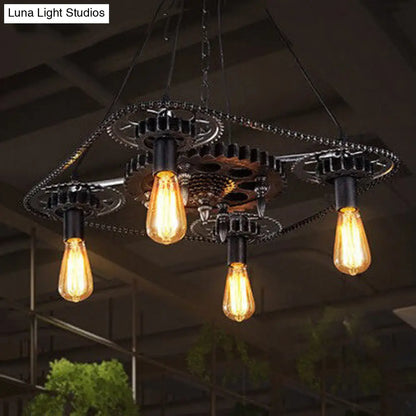 Industrial Style Bare Bulb Pendant Light with Black Finish and Gear Deco – 4 Heads Ceiling Fixture