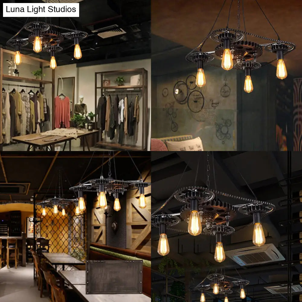 Industrial Style Bare Bulb Pendant Light with Black Finish and Gear Deco – 4 Heads Ceiling Fixture