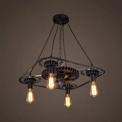 Industrial Style Bare Bulb Pendant Light with Black Finish and Gear Deco – 4 Heads Ceiling Fixture