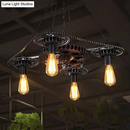 Industrial Style Bare Bulb Pendant Light with Black Finish and Gear Deco – 4 Heads Ceiling Fixture