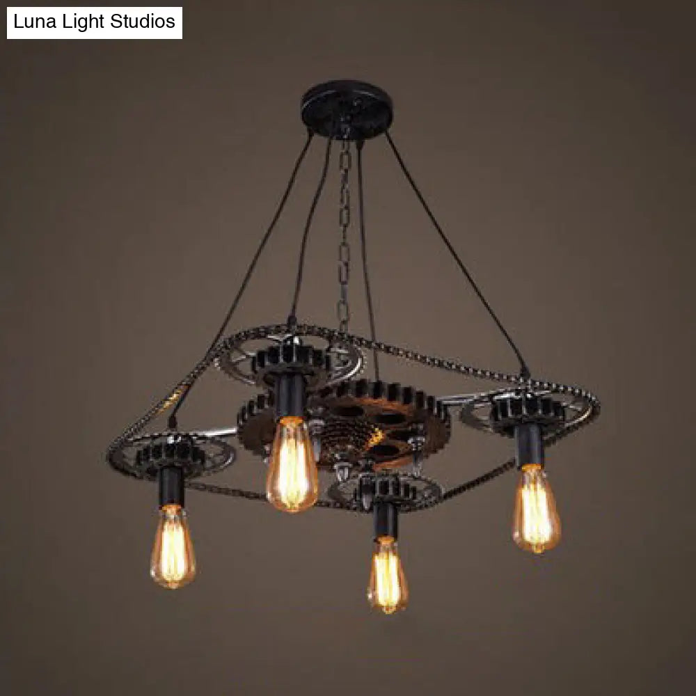 Industrial Style Bare Bulb Pendant Light with Black Finish and Gear Deco – 4 Heads Ceiling Fixture