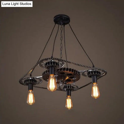 Industrial Style Bare Bulb Pendant Light with Black Finish and Gear Deco – 4 Heads Ceiling Fixture