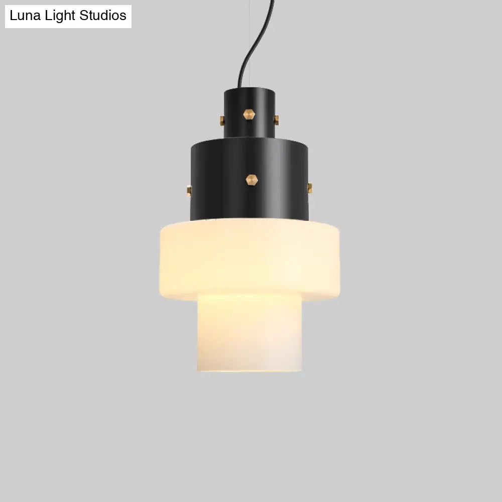 Industrial Style Bedroom Pendant Light - Column Design with White Glass Shade and Black Down Lighting