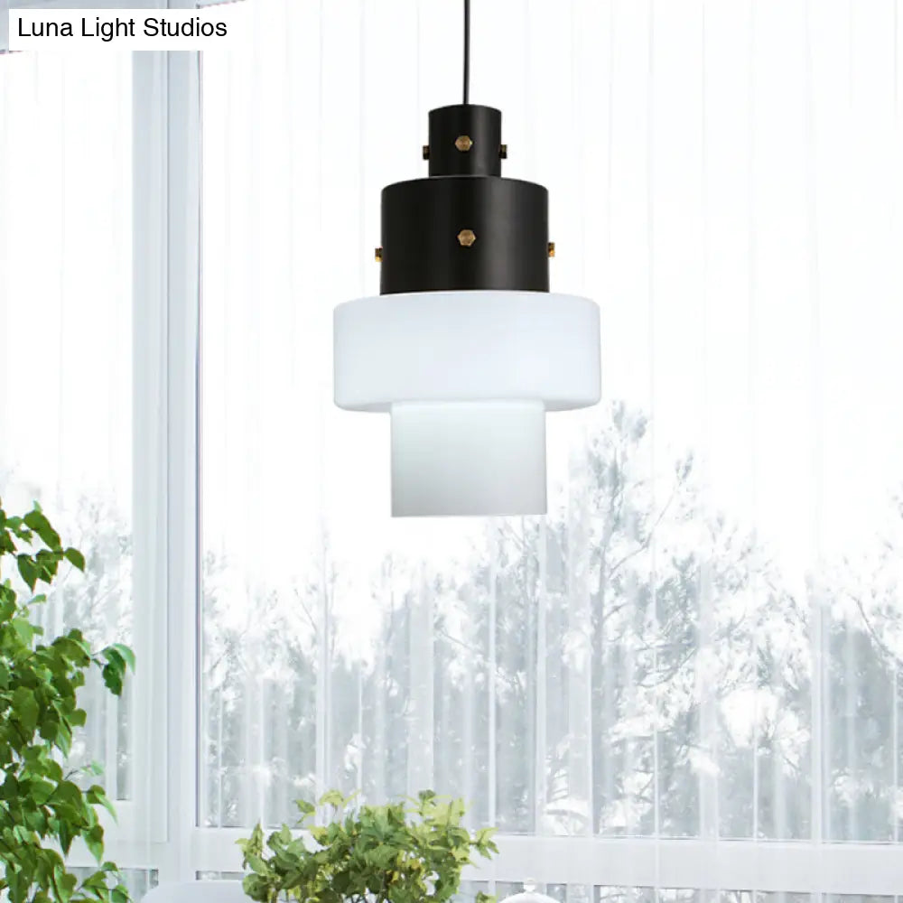 Industrial Style Bedroom Pendant Light - Column Design with White Glass Shade and Black Down Lighting