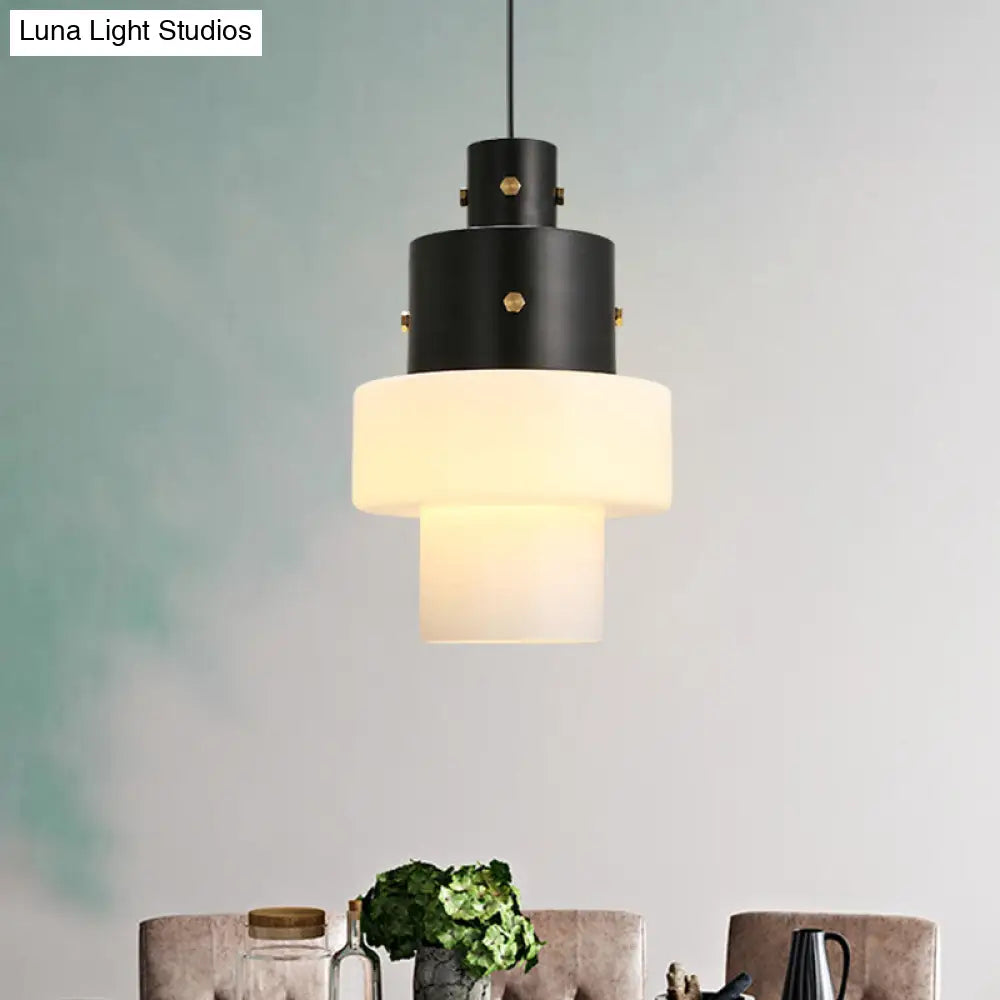 Industrial Style Bedroom Pendant Light - Column Design with White Glass Shade and Black Down Lighting