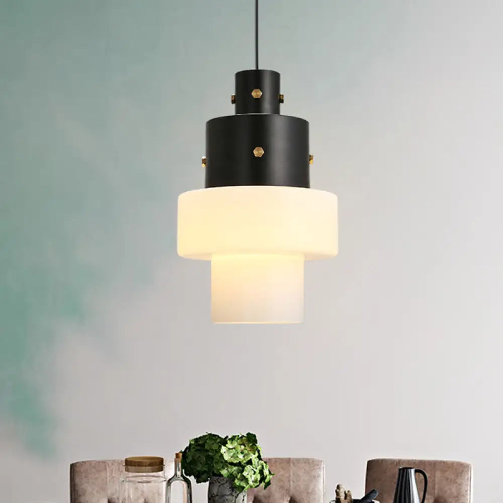 Industrial Style Bedroom Pendant Light - Column Design with White Glass Shade and Black Down Lighting