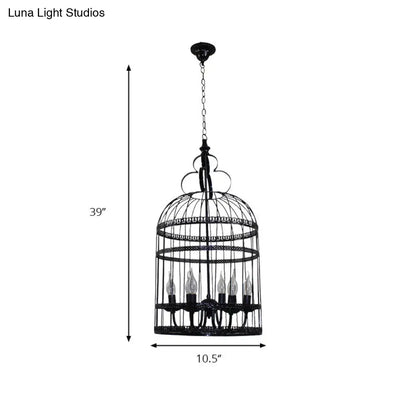 Industrial Style Bird Cage Hanging Light with Candle - Black Metallic Chandelier Lamp for Bedroom - 3/6 Bulbs