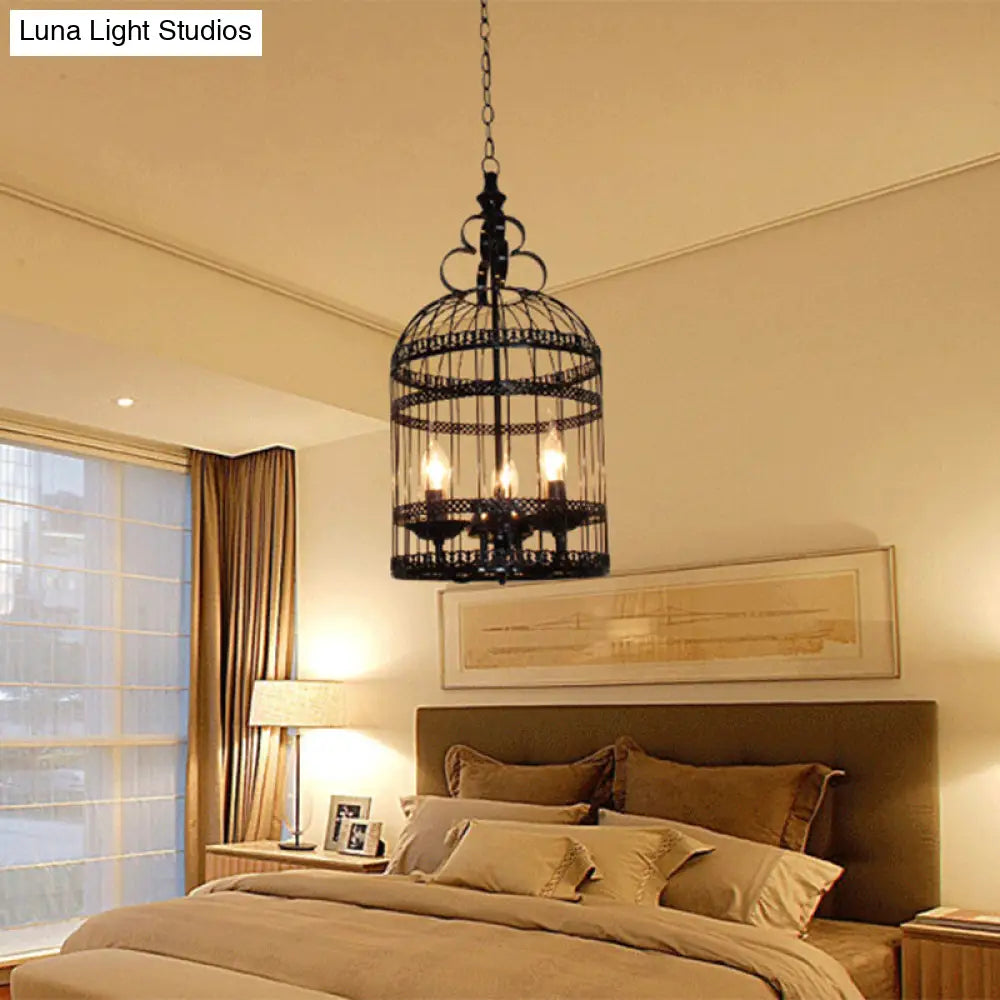 Industrial Style Bird Cage Hanging Light with Candle - Black Metallic Chandelier Lamp for Bedroom - 3/6 Bulbs