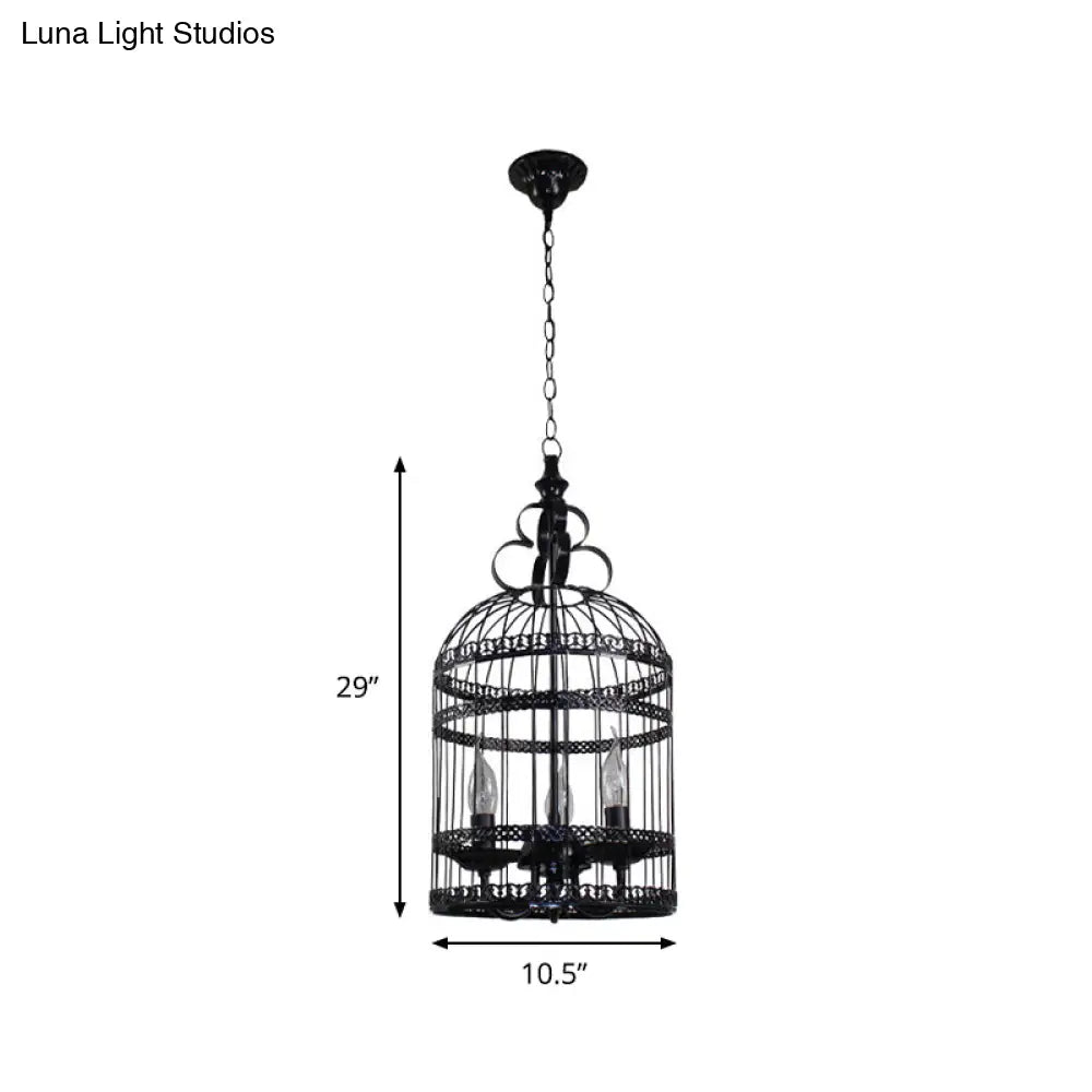 Industrial Style Bird Cage Hanging Light with Candle - Black Metallic Chandelier Lamp for Bedroom - 3/6 Bulbs