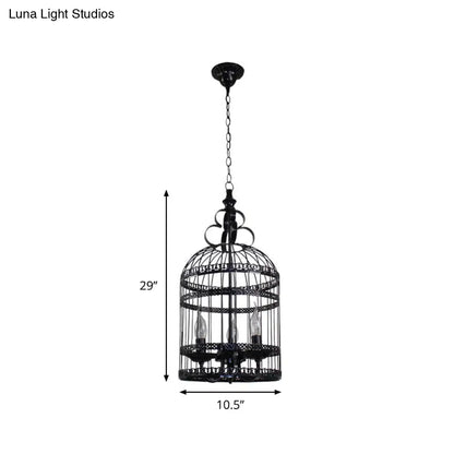 Industrial Style Bird Cage Hanging Light with Candle - Black Metallic Chandelier Lamp for Bedroom - 3/6 Bulbs