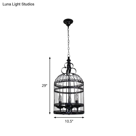 Industrial Style Bird Cage Hanging Light with Candle - Black Metallic Chandelier Lamp for Bedroom - 3/6 Bulbs