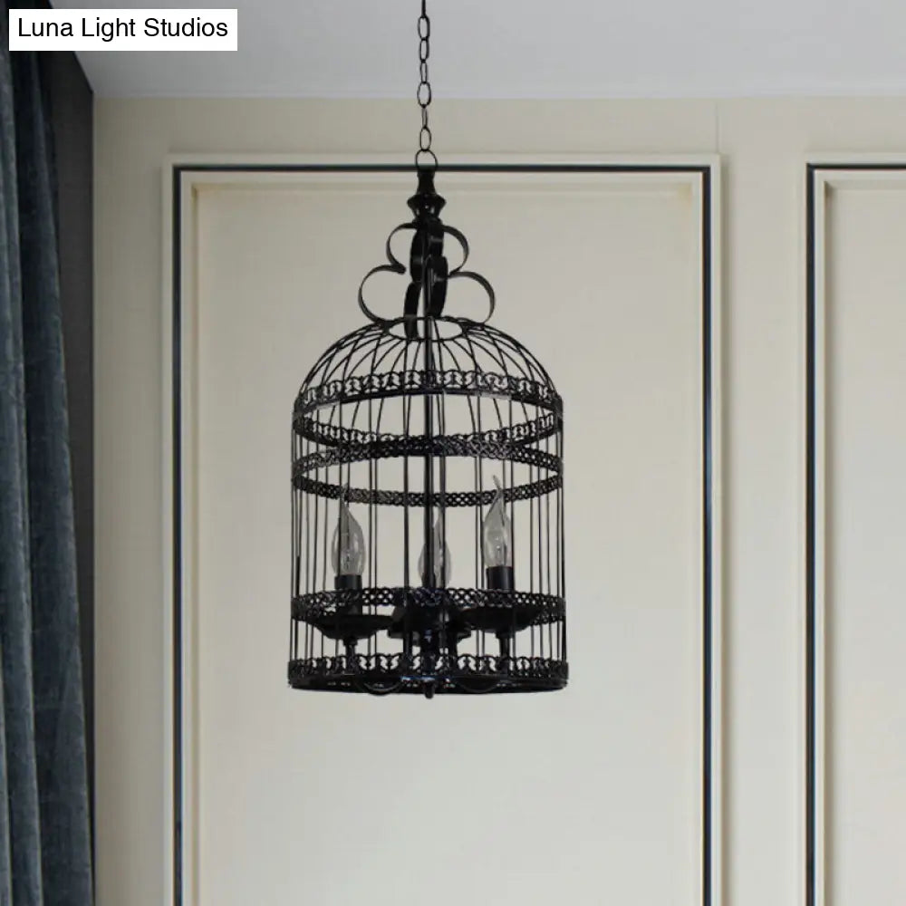 Industrial Style Bird Cage Hanging Light with Candle - Black Metallic Chandelier Lamp for Bedroom - 3/6 Bulbs