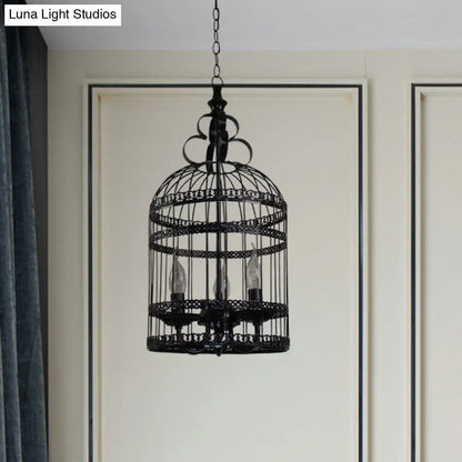 Industrial Style Bird Cage Hanging Light with Candle - Black Metallic Chandelier Lamp for Bedroom - 3/6 Bulbs
