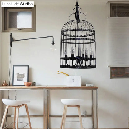 Industrial Style Bird Cage Hanging Light with Candle - Black Metallic Chandelier Lamp for Bedroom - 3/6 Bulbs
