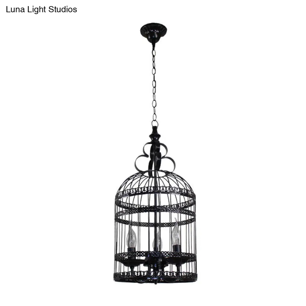 Industrial Style Bird Cage Hanging Light with Candle - Black Metallic Chandelier Lamp for Bedroom - 3/6 Bulbs