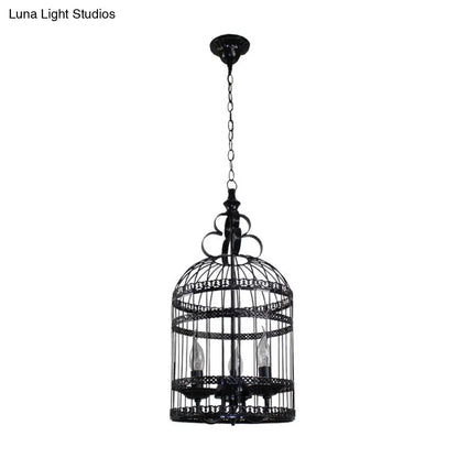 Industrial Style Bird Cage Hanging Light with Candle - Black Metallic Chandelier Lamp for Bedroom - 3/6 Bulbs