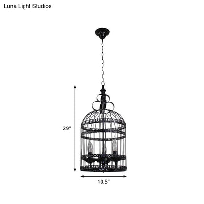 Industrial Style Bird Cage Hanging Light with Candle - Black Metallic Chandelier Lamp for Bedroom - 3/6 Bulbs