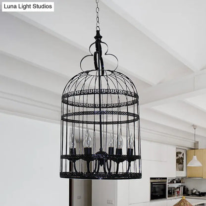 Industrial Style Bird Cage Hanging Light with Candle - Black Metallic Chandelier Lamp for Bedroom - 3/6 Bulbs