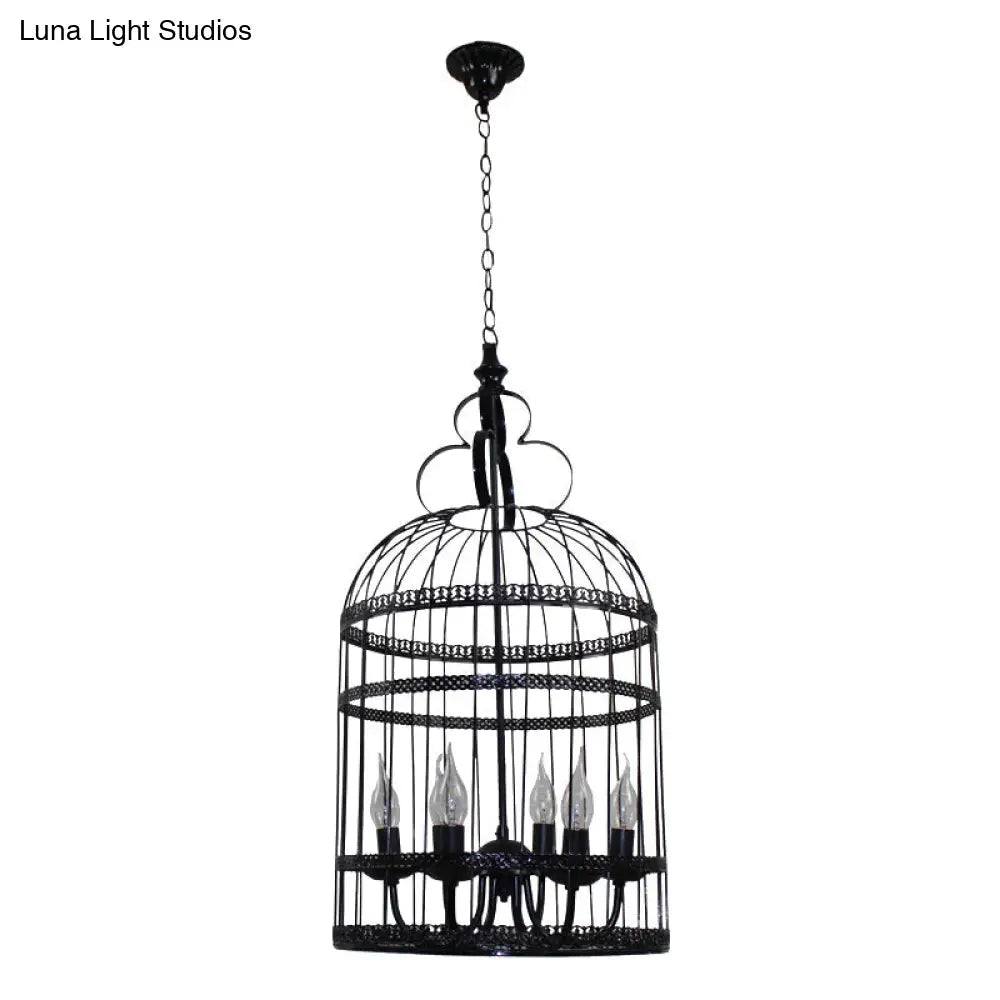 Industrial Style Bird Cage Hanging Light with Candle - Black Metallic Chandelier Lamp for Bedroom - 3/6 Bulbs