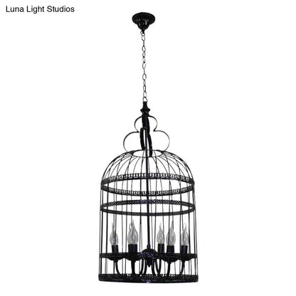 Industrial Style Bird Cage Hanging Light with Candle - Black Metallic Chandelier Lamp for Bedroom - 3/6 Bulbs