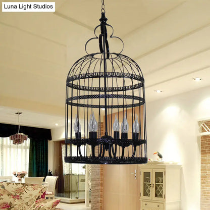Industrial Style Bird Cage Hanging Light with Candle - Black Metallic Chandelier Lamp for Bedroom - 3/6 Bulbs