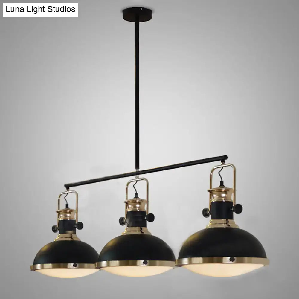 Decorbites industrial style black metal ceiling light with three brass dome shades and glass diffuser