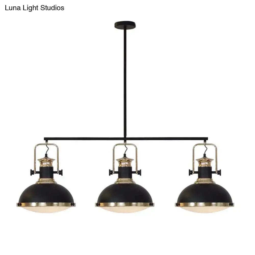 Decorbites industrial style black metal ceiling light with brass three-light pendant and glass diffuser shades