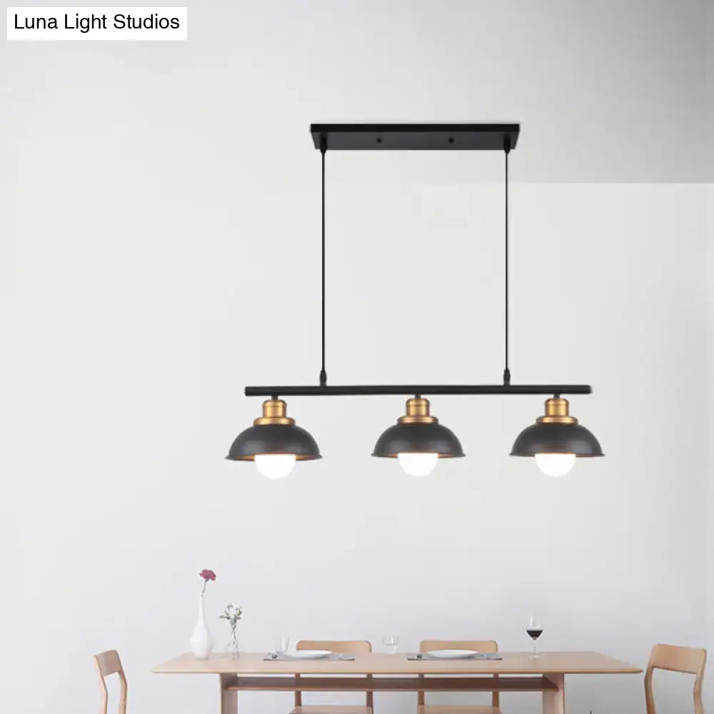 Decorbites™ industrial style ceiling light fixture with three brass-finished fixtures and matte black dome shades